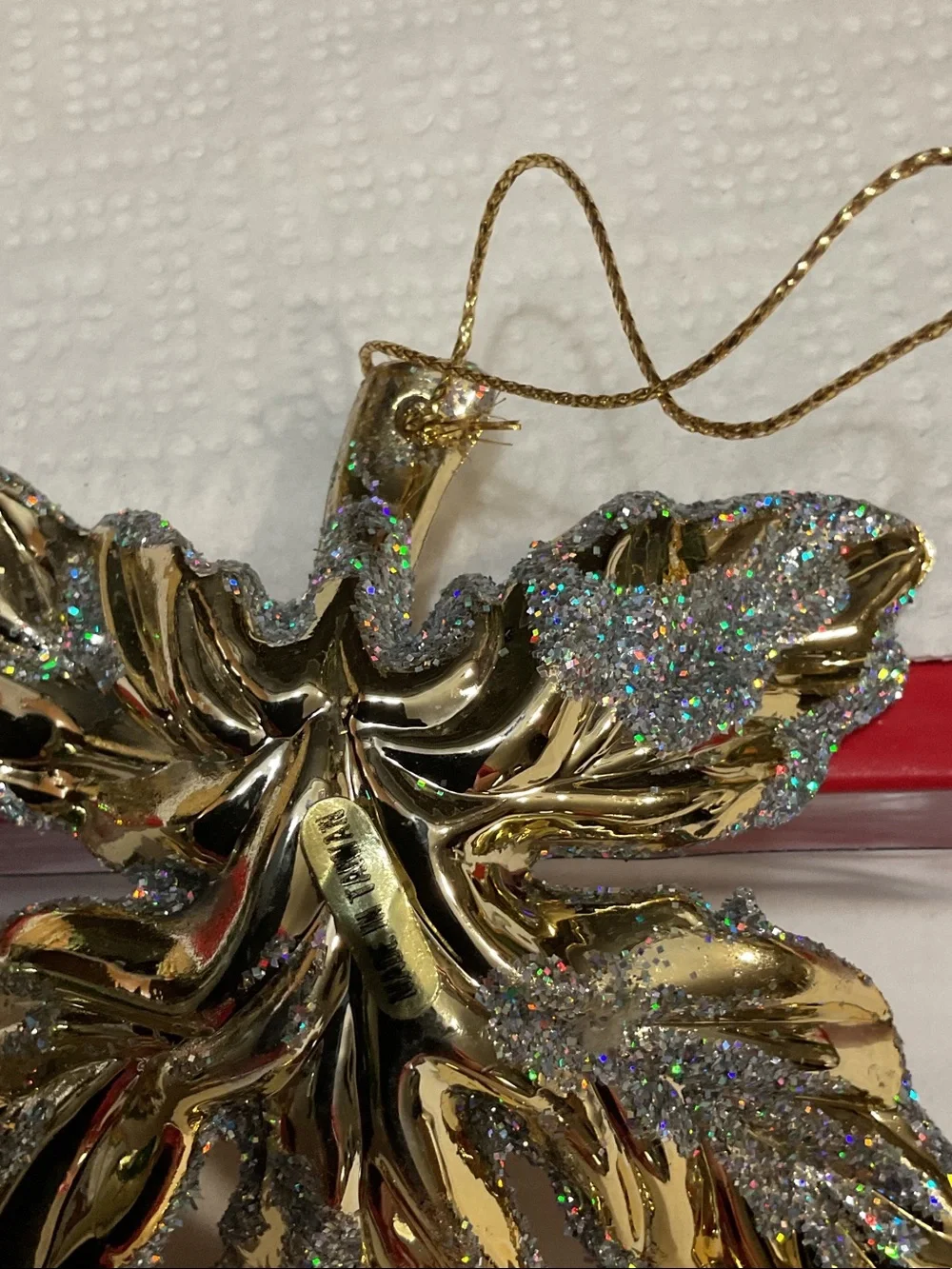 Gold Glitter Leaf Holiday Ornament - Decorative Hanging Accent